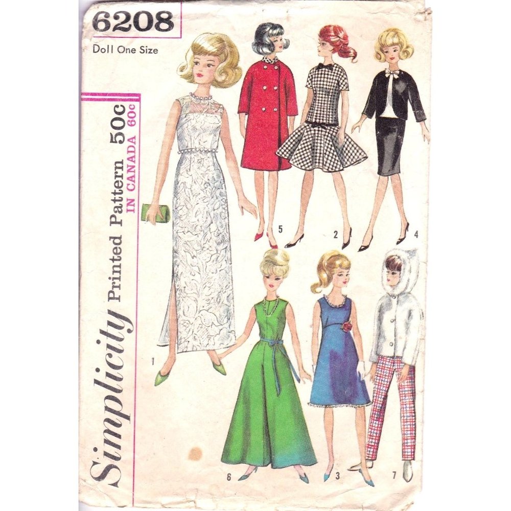 Vintage Craft Sewing PATTERN Simplicity 6208, Wardrobe for Teen Model Dolls 1965
